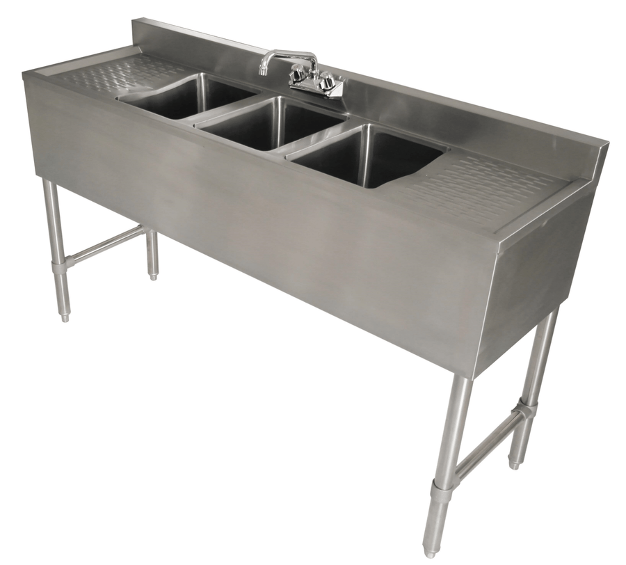 E - BAR3B72 - LR Enhanced 72" Bar Sink with 3" Backsplash, 3 Tubs, Right/Left Drainboards - Enhanced SS & Equipment - Bar Equipment - Enhanced Equipment