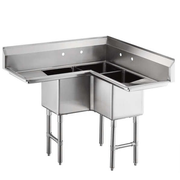 E - CS3181814 - 18LR - 316 Enhanced Corner Sink 3 Tub, Right/Left Drainboards - Enhanced SS & Equipment - Enhanced Equipment