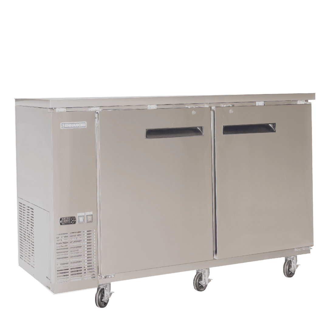 EBB - 24 - 60FSS - HC 60" W x 24" D refrigerated back bar cooler with stainless steel exterior, two glass doors - Enhanced Refrigeration - Enhanced Equipment