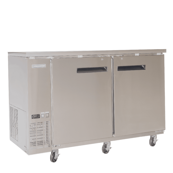 EBB - 24 - 60FSS - HC 60" W x 24" D refrigerated back bar cooler with stainless steel exterior, two glass doors - Enhanced Refrigeration - Enhanced Equipment