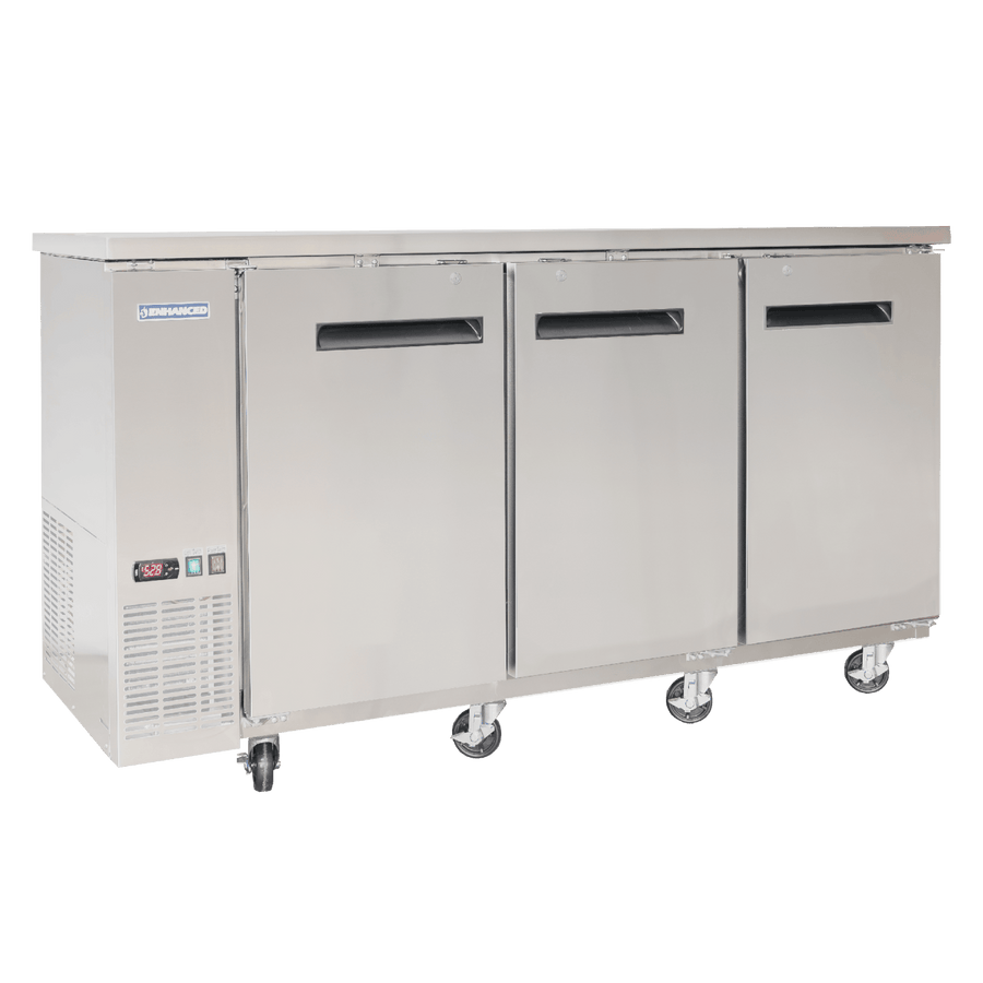 EBB - 24 - 72FSS - HC 72" W x 24" D refrigerated back bar cooler with stainless steel exterior, two solid doors - Enhanced Refrigeration - Enhanced Equipment