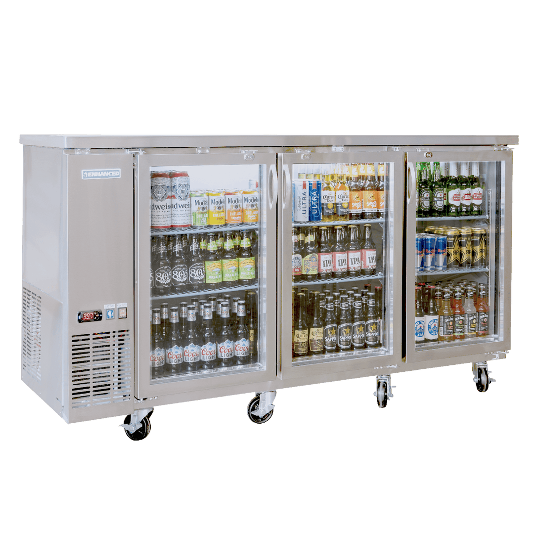 EBB - 24 - 72GSS - HC Enhanced Back Bar Cooler 72" W x 24" D , Stainless Steel exterior, 3 - Glass doors - Enhanced Refrigeration - Refrigeration - Enhanced Equipment