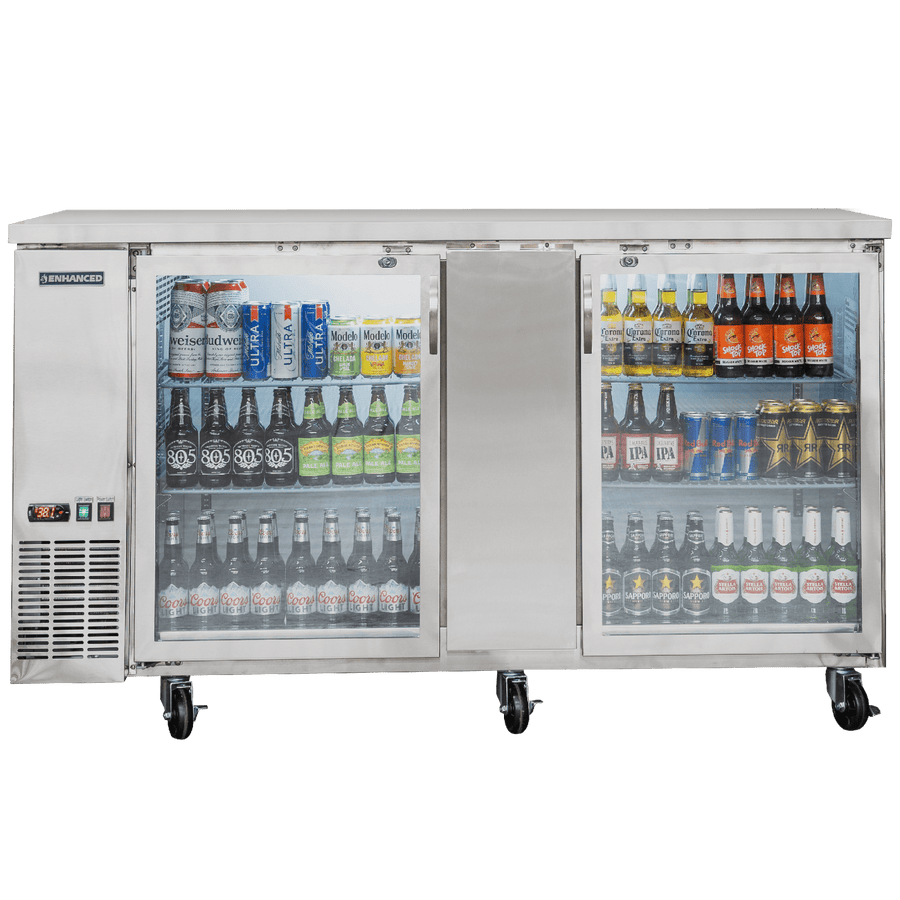 EBB - 3G - SS - HC 70" Back Bar cooler Two glass doors with a durable stainless steel top - Enhanced Refrigeration - Enhanced Equipment