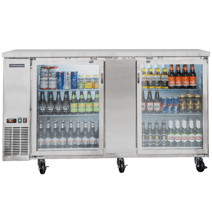 EBB - 3G - SS - HC 70" Back Bar cooler Two glass doors with a durable stainless steel top - Enhanced Refrigeration - Enhanced Equipment