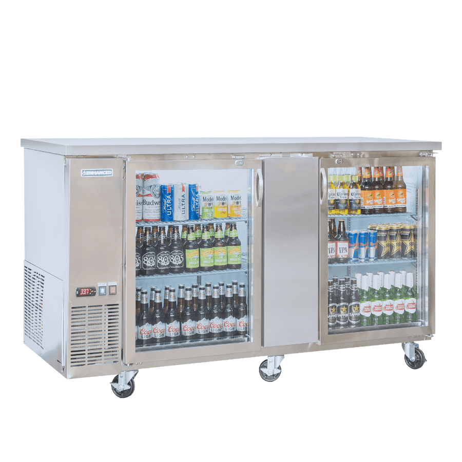 EBB - 3G - SS - HC 70" Back Bar cooler Two glass doors with a durable stainless steel top - Enhanced Refrigeration - Enhanced Equipment