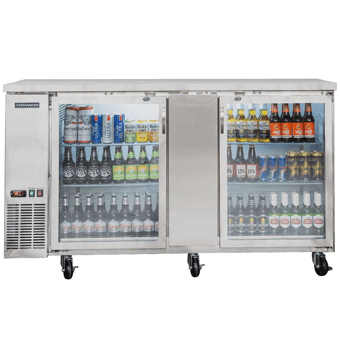 EBB - 3G - SS - HC Enhanced Back Bar cooler 27" D, Stainless Steel Exterior, 2 - Glass Doors - Enhanced Refrigeration - Enhanced Equipment