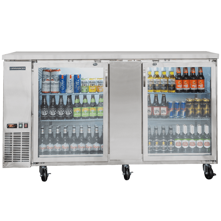 EBB - 3G - SS - HC Enhanced Back Bar cooler 27" D, Stainless Steel Exterior, 2 - Glass Doors - Enhanced Refrigeration - Enhanced Equipment