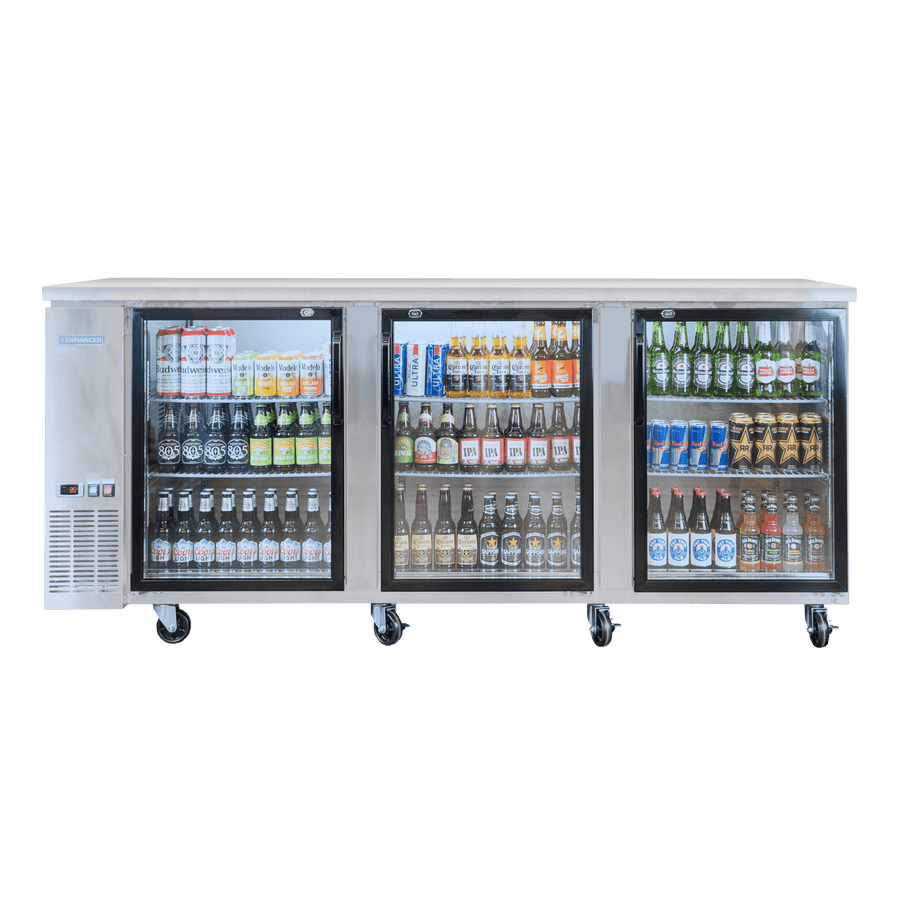 EBB - 4G - SS - HC 90" W x 27" D refrigerated back bar cooler with stainless steel exterior, three glass doors - Enhanced Refrigeration - Enhanced Equipment