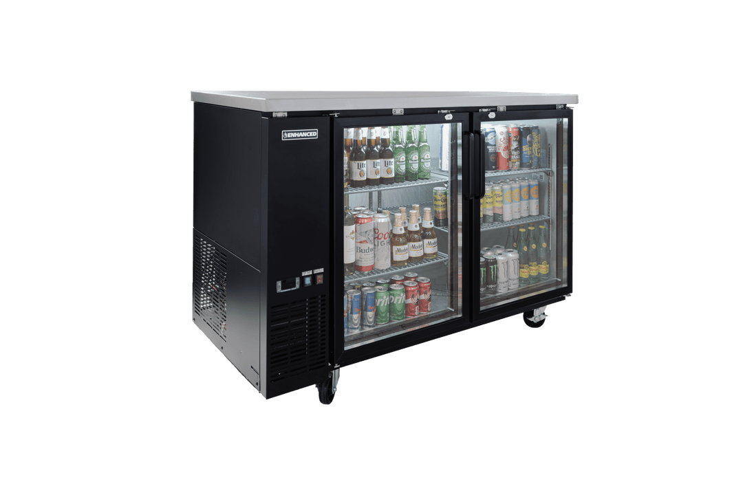 Enhanced Refrigeration EBB - 2G - HC Enhanced Back Bar Cooler, 58" Wide, 2 Glass Doors, Black Exterior with Stainless Steel Top - Enhanced Refrigeration - Enhanced Equipment