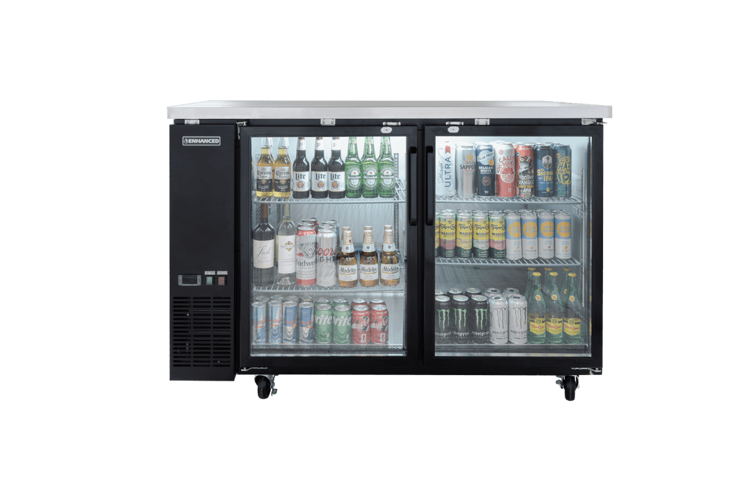 Enhanced Refrigeration EBB - 2G - HC Enhanced Back Bar Cooler, 58" Wide, 2 Glass Doors, Black Exterior with Stainless Steel Top - Enhanced Refrigeration - Enhanced Equipment