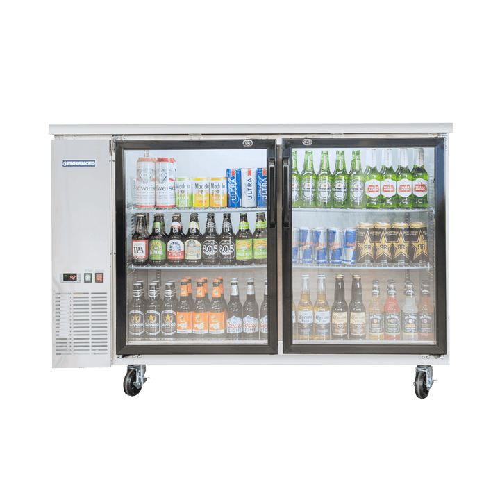 Enhanced Refrigeration EBB-2G-SS-HC Enhanced 58" Back Bar Cooler, 2 Glass Doors, Stainless Steel Exterior - Enhanced Refrigeration - Refrigeration - Enhanced Equipment