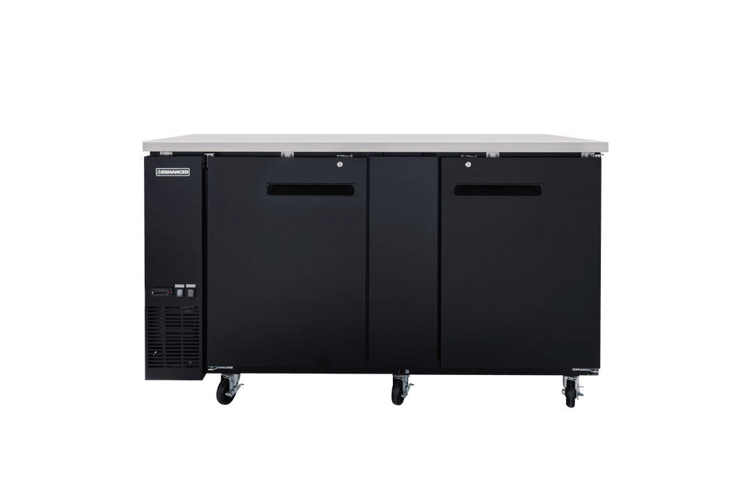 Enhanced Refrigeration EBB - 3F - HC Enhanced 69" Refrigerated Back Bar Cooler, 2 - Door, Black Exterior, Stainless Steel Top - Enhanced Refrigeration - Enhanced Equipment