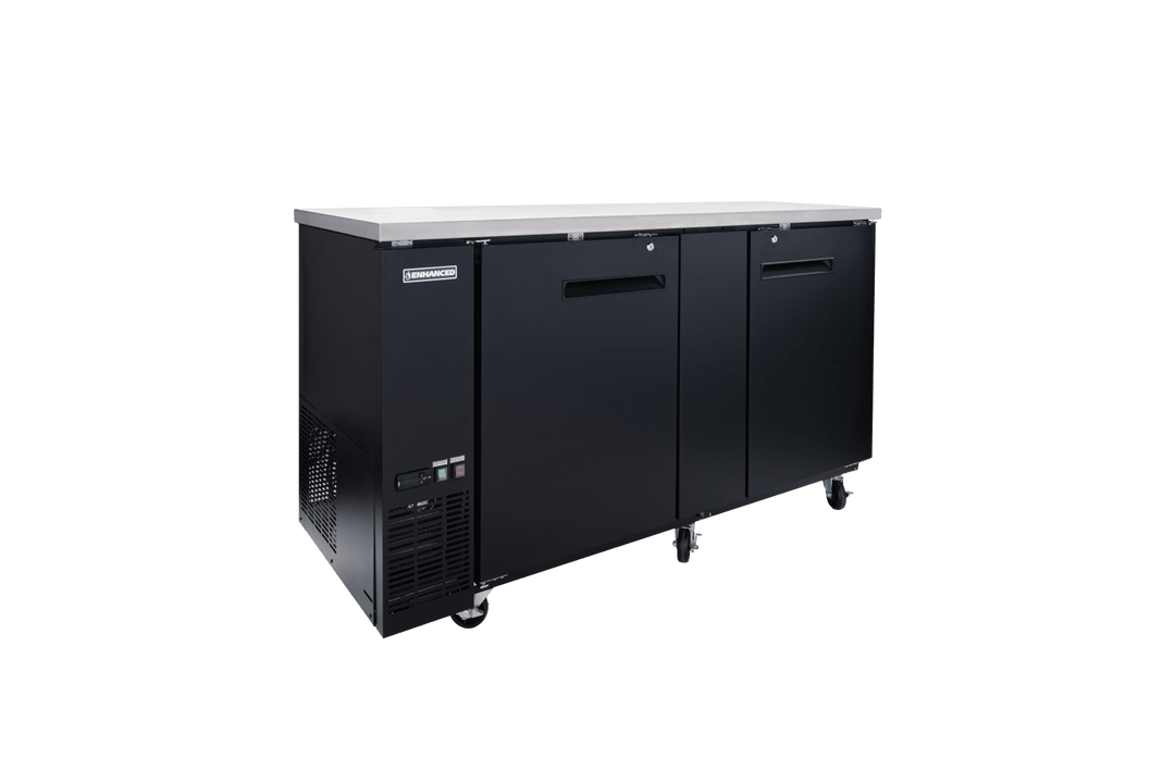 Enhanced Refrigeration EBB - 3F - HC Enhanced 69" Refrigerated Back Bar Cooler, 2 - Door, Black Exterior, Stainless Steel Top - Enhanced Refrigeration - Enhanced Equipment