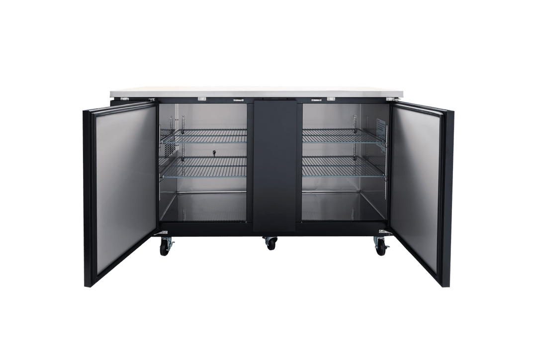 Enhanced Refrigeration EBB - 3F - HC Enhanced 69" Refrigerated Back Bar Cooler, 2 - Door, Black Exterior, Stainless Steel Top - Enhanced Refrigeration - Enhanced Equipment