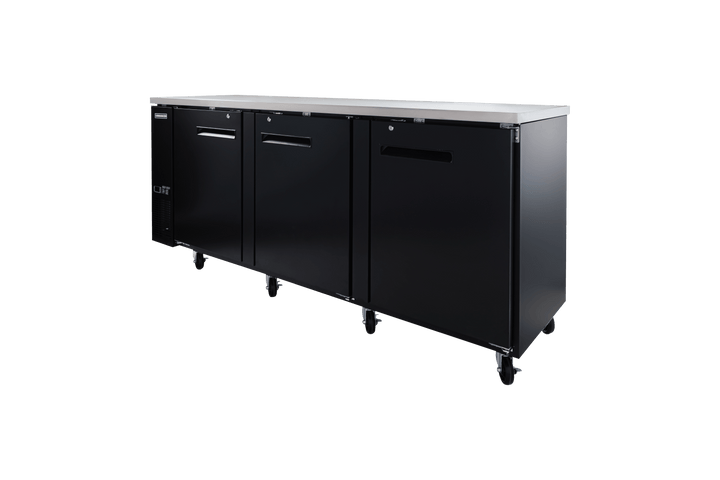 Enhanced Refrigeration EBB - 4F - HC Enhanced 90" Refrigerated Back Bar Cooler, 3 - Door, Black Exterior with Stainless Steel Top - Enhanced Refrigeration - Enhanced Equipment