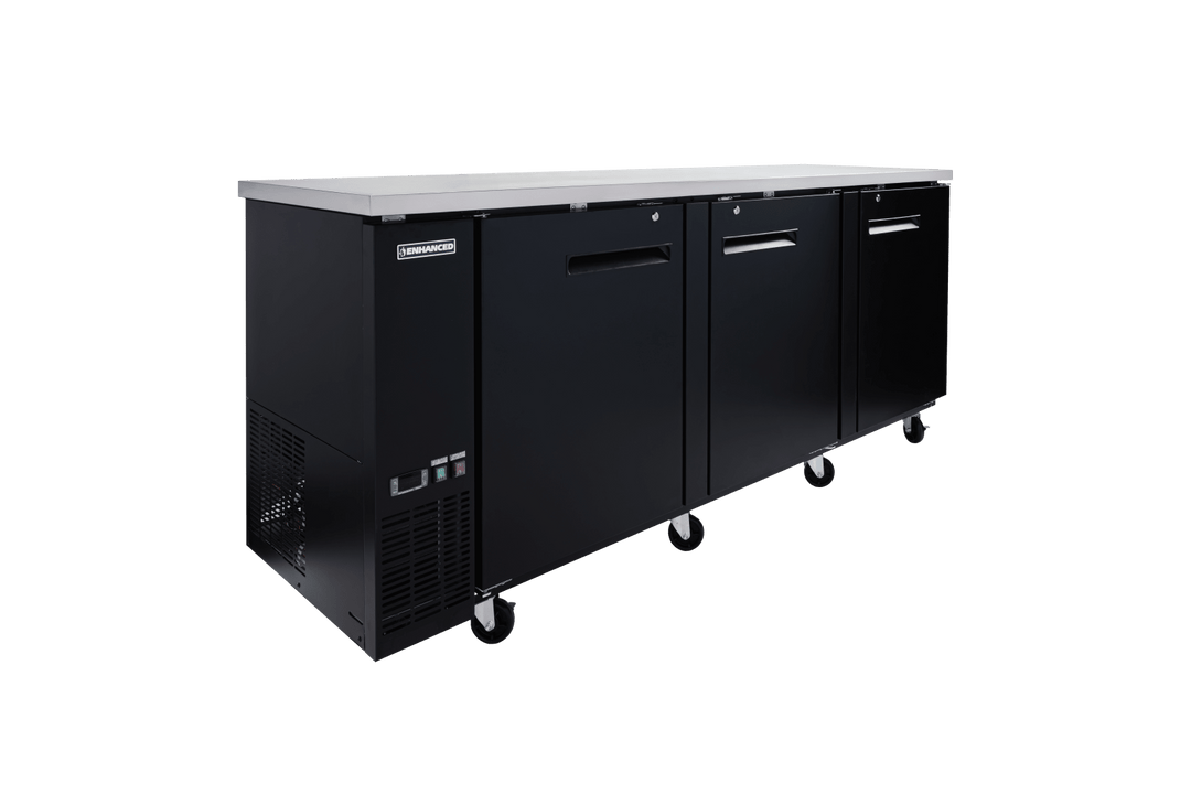 Enhanced Refrigeration EBB - 4F - HC Enhanced 90" Refrigerated Back Bar Cooler, 3 - Door, Black Exterior with Stainless Steel Top - Enhanced Refrigeration - Enhanced Equipment