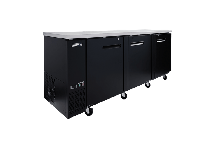 Enhanced Refrigeration EBB - 4F - HC Enhanced 90" Refrigerated Back Bar Cooler, 3 - Door, Black Exterior with Stainless Steel Top - Enhanced Refrigeration - Enhanced Equipment
