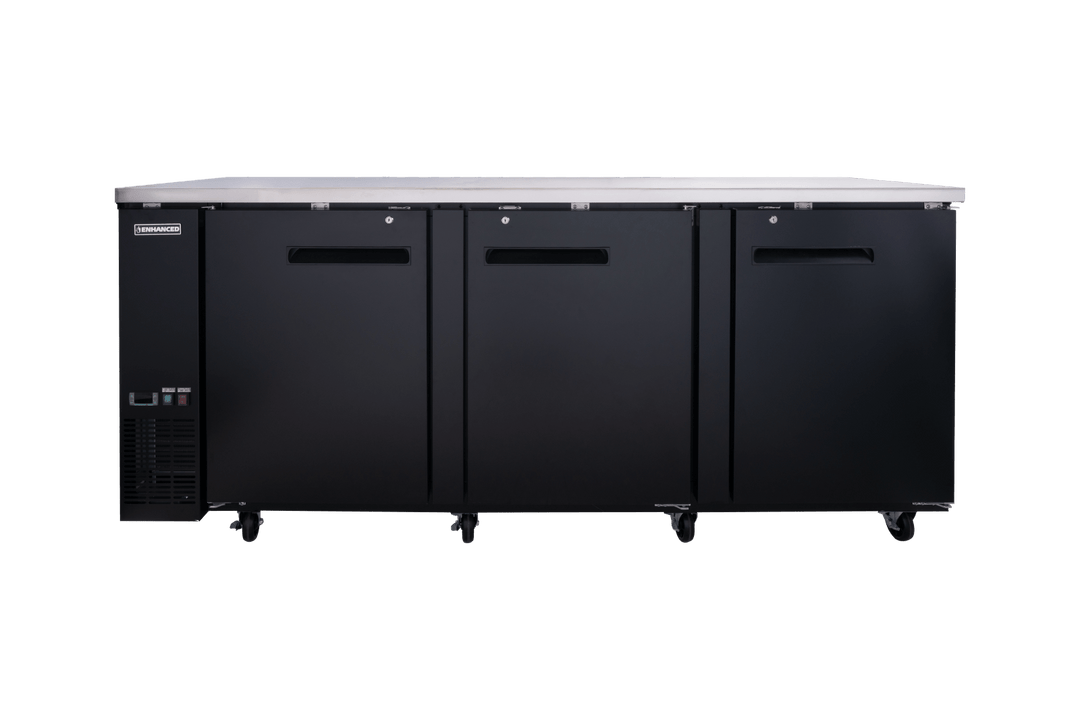 Enhanced Refrigeration EBB - 4F - HC Enhanced 90" Refrigerated Back Bar Cooler, 3 - Door, Black Exterior with Stainless Steel Top - Enhanced Refrigeration - Enhanced Equipment