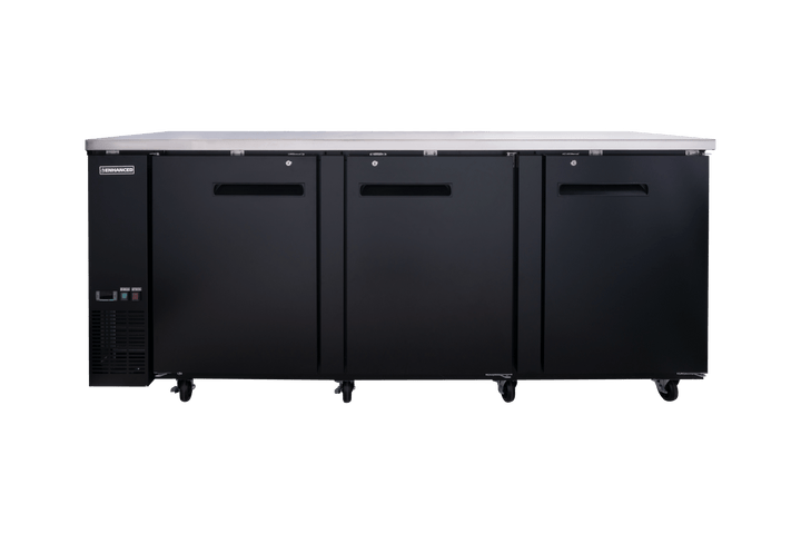 Enhanced Refrigeration EBB - 4F - HC Enhanced 90" Refrigerated Back Bar Cooler, 3 - Door, Black Exterior with Stainless Steel Top - Enhanced Refrigeration - Enhanced Equipment
