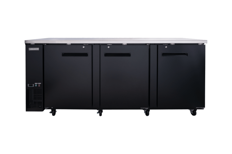 Enhanced Refrigeration EBB - 4F - HC Enhanced 90" Refrigerated Back Bar Cooler, 3 - Door, Black Exterior with Stainless Steel Top - Enhanced Refrigeration - Enhanced Equipment