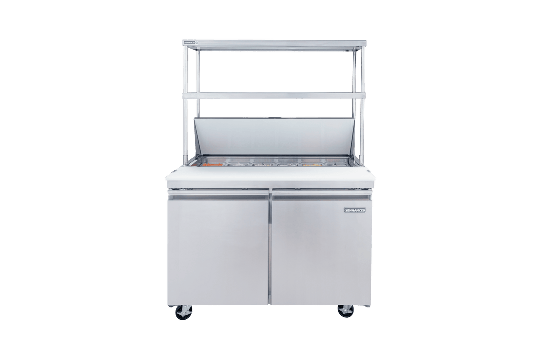 Enhanced SS & Equipment E-DOS-1247 18-Gauge 430 Stainless Steel Double Tier Overshelf, 12" x 46-7/8" x 32"H - Enhanced SS & Equipment - Enhanced Equipment