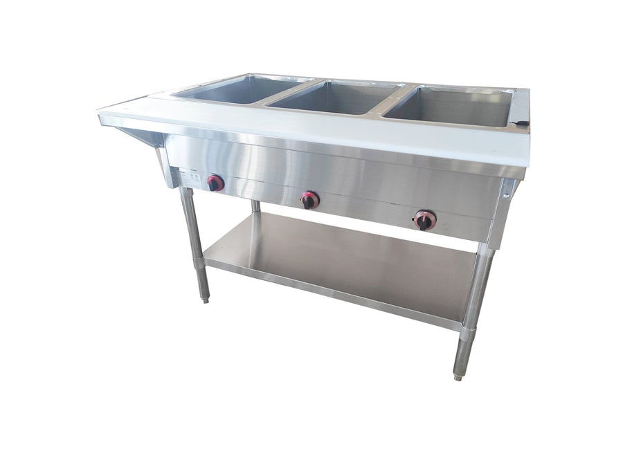 NH - 3 - LP - SS Enhanced Steam table 3 - open wells, LP Gas, aluminum corners on undershelf - Enhanced Stainless Steel - Enhanced Equipment