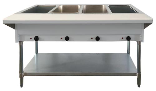 NH - 4 - 240 - SS Enhanced Steam table 4 - open wells, 208V/240V, aluminum corners on undershelf NEMA 6 - 30 4000W - Enhanced Stainless Steel - Enhanced Equipment