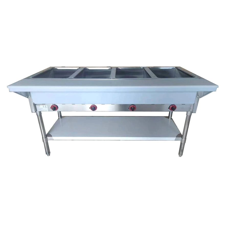 NH - 4 - LP - SS Enhanced Steam table 4 - open wells, LP Gas, aluminum corners on undershelf - Enhanced Stainless Steel - Enhanced Equipment