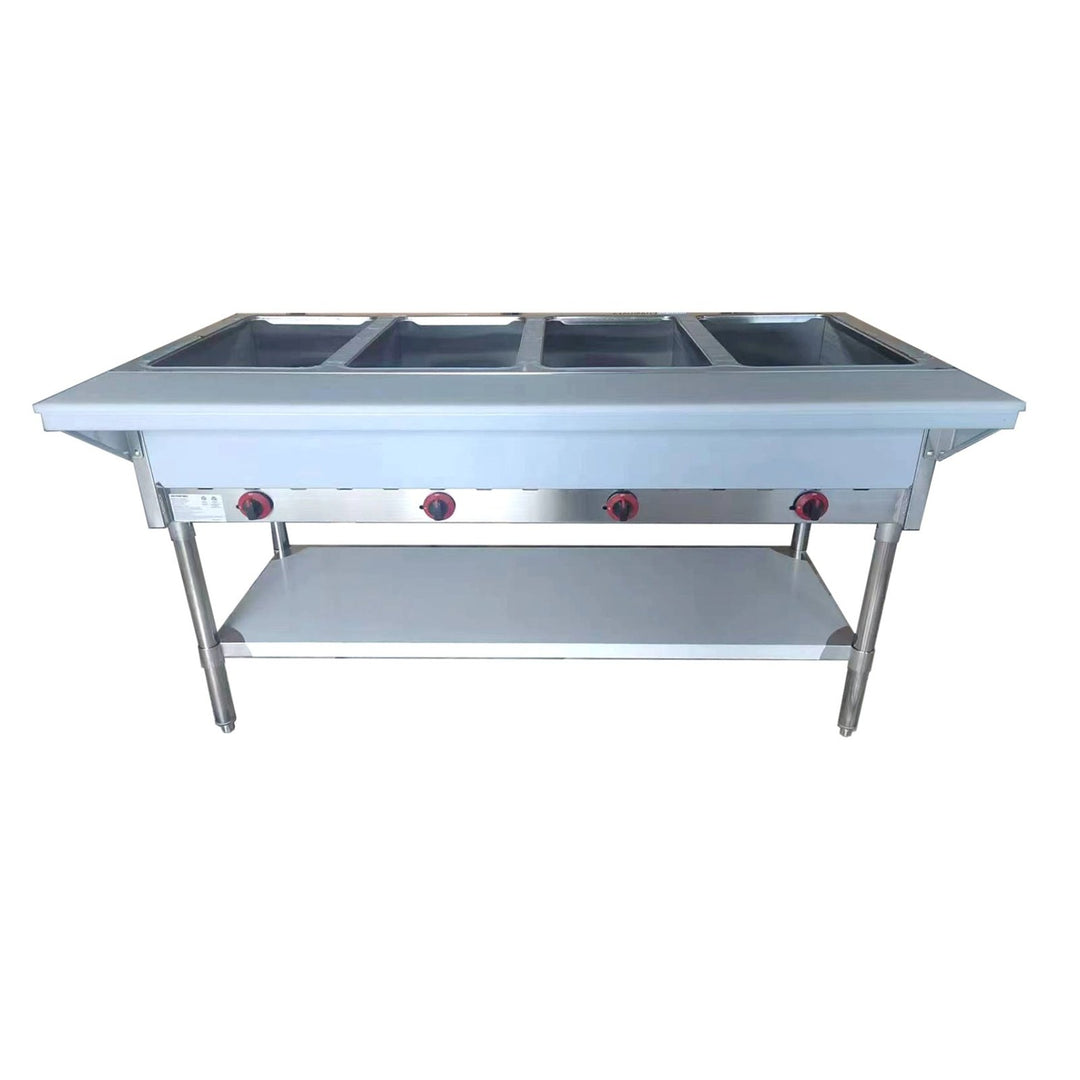 NH - 4 - NAT - SS Enhanced Steam table 4 - open wells, NAT Gas, aluminum corners on undershelf - Enhanced Stainless Steel - Enhanced Equipment