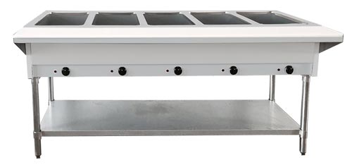 NH - 5 - 240 - SS Enhanced Steam table 5 - open wells, 208V/240V, aluminum corners on undershelf NEMA 6 - 30 5000W - Enhanced Stainless Steel - Enhanced Equipment
