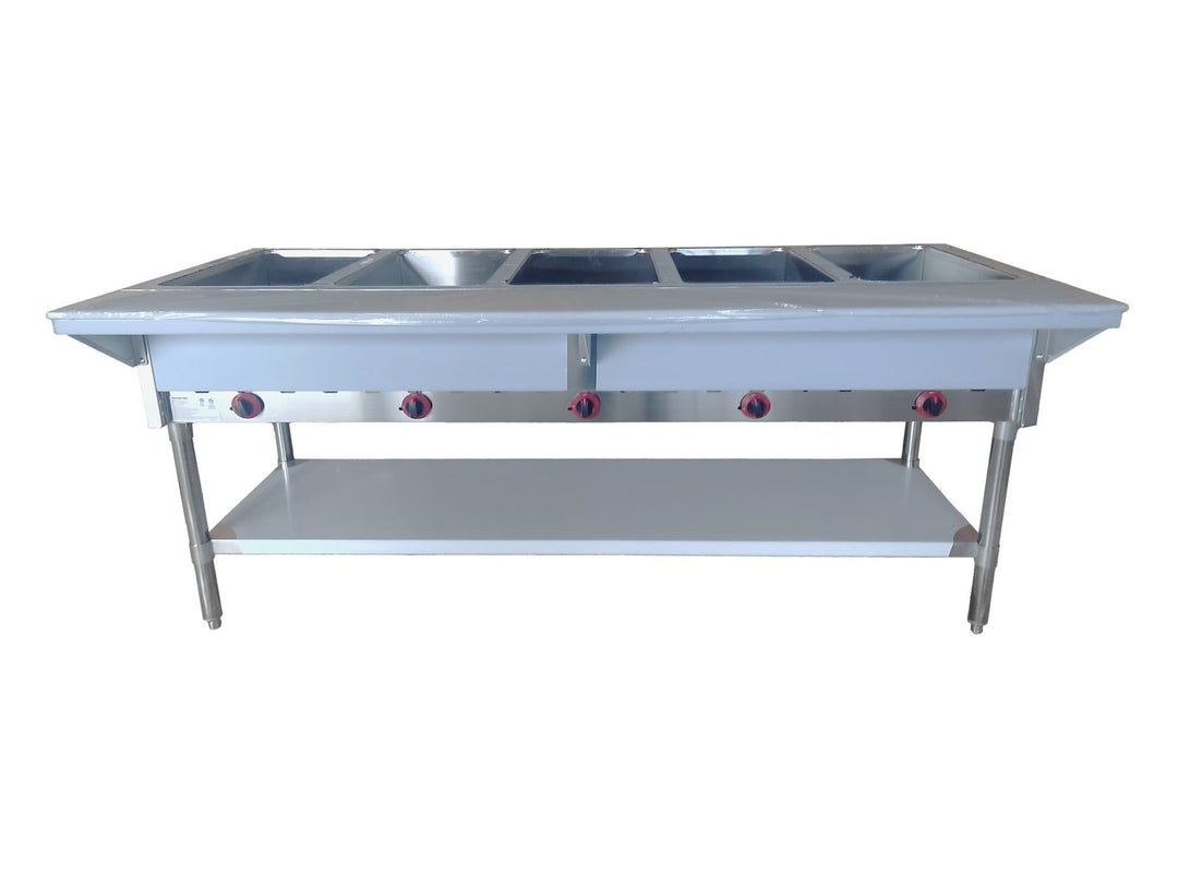 NH - 5 - NAT - SS Enhanced Steam table 5 - open wells, NAT Gas, aluminum corners on undershelf - Enhanced Stainless Steel - Enhanced Equipment