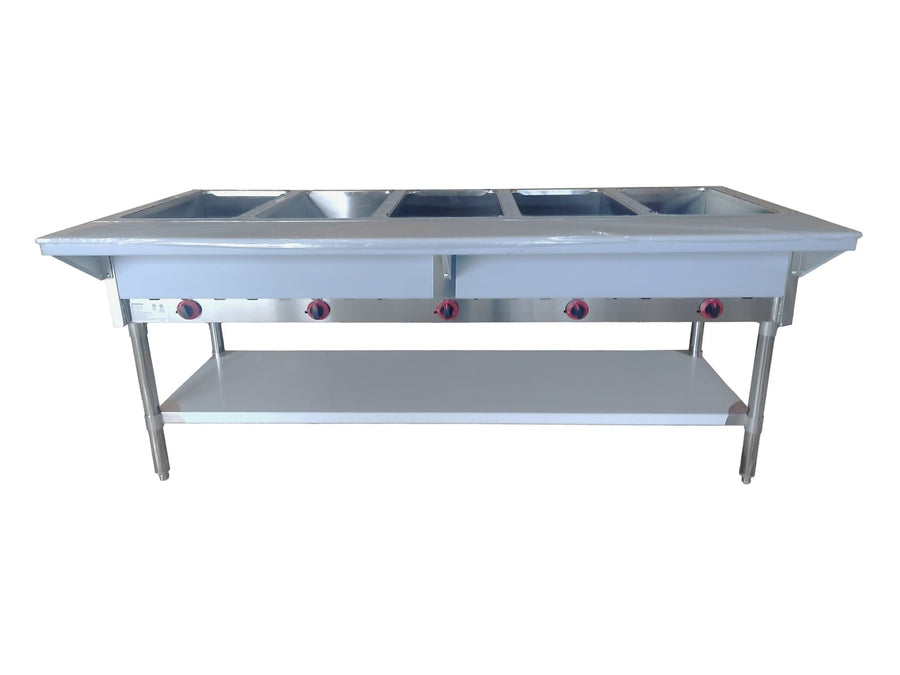 NH - 5 - NAT - SS Enhanced Steam table 5 - open wells, NAT Gas, aluminum corners on undershelf - Enhanced Stainless Steel - Enhanced Equipment